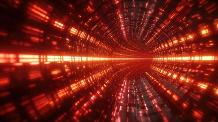 Futuristic digital tunnel with glowing red light streaks