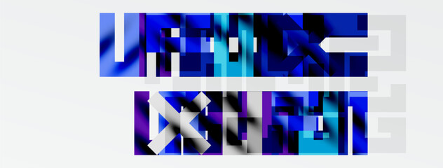 Abstract geometric shapes, blue hues dominate. Rectangles form text like structure, white background contrasts dark elements. Modern design.