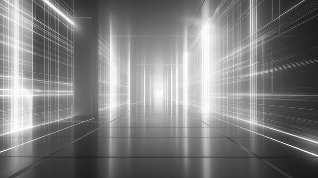 Abstract sci fi corridor leading to digital light