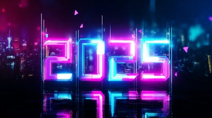 2025 numbers in neon cyberpunk style, glowing pink and blue tubes, dark futuristic city blur in background, vaporwave atmosphere, high contrast lighting, clean symmetrical composition, modern tech cel