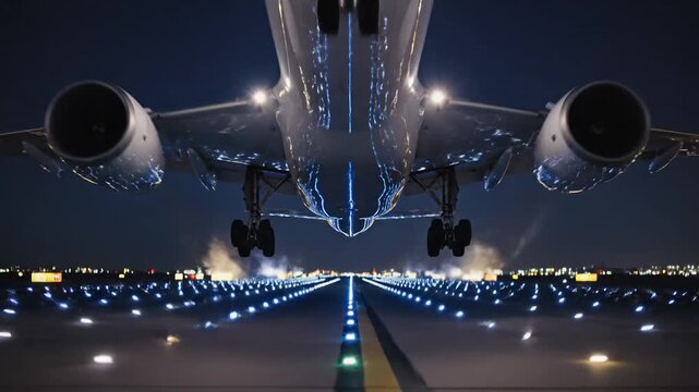 A cargo plane lifts off at night, illuminated by runway lights as it ascends into the starry sky. 