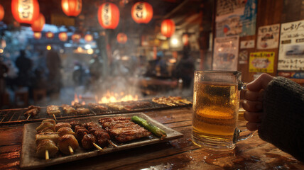 男性が屋台で焼き鳥とビールを楽しむひととき