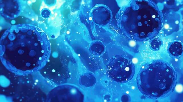 Blue cells floating in microscopic abstract background - Powered by Adobe