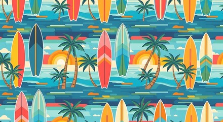 Colorful surfboard pattern with palm trees and sunset on textured background