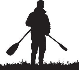 Black silhouette of man holding two oars standing on grass