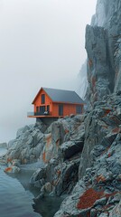Highly Realistic Landscape Illustration of a Lonely Orange House Standing on a Dramatic Cliffside