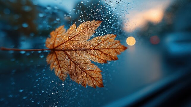 Autumn leaf on car windshield with raindrops presents a melancholic beauty on a rainy day, symbolizing seasonal change