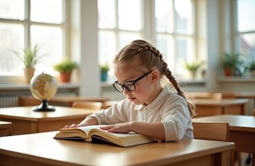 Young girl with glasses sits at desk in classroom reading book. Natural light streams through windows, illuminating plants and globe. Focused child engages in learning activity during study time.