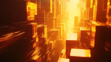 Abstract golden blocks moving through digital data stream