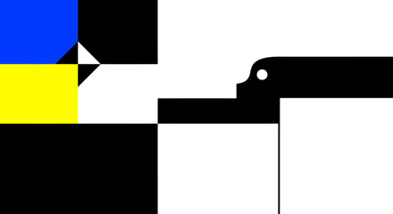 Abstract geometric composition in black, white, and blue and yellow, reminiscent of modern art and national symbolism