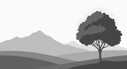 Minimalist grayscale vector art landscape featuring a solitary tree on rolling hills with majestic mountains in the distance, evoking a serene and peaceful natural environment design
