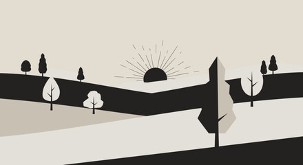 Minimalist Landscape with Sun and Trees Serene Vector Art Illustration for Graphic Design