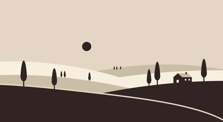 Minimalist Rural Landscape with Trees and House Vector Illustration