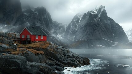 Artistic Coastal Landscape Depicting a Remote Home Rising Above Weathered Sea Rocks