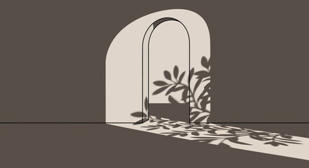 Minimalist illustration of an arched doorway, bathed in soft, natural sunlight, casting intricate plant shadows across the floor and wall, creating a serene and modern aesthetic