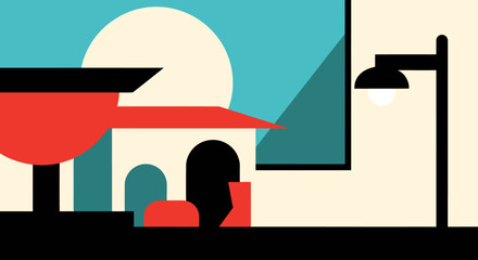 Abstract Architectural Scene with Geometric Shapes and Streetlight