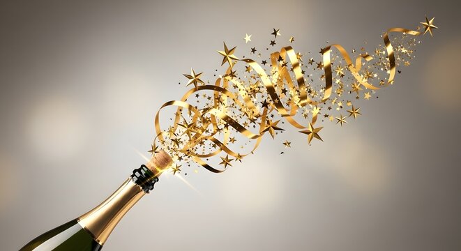Champagne Celebration: A champagne bottle is erupting with a burst of golden streamers, confetti, and stars, capturing the joy of celebration, excitement, and festivities.