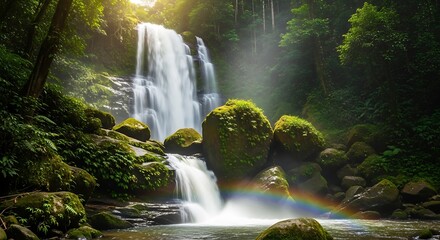 Obraz premium Majestic Waterfall with Rainbow in Lush Green Forest.