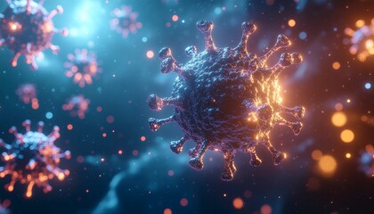 立体ウイルス粒子が浮遊する科学ビジュアル