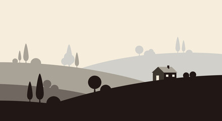 Serene vector art of a quiet rural landscape featuring a small house on rolling hills under a muted sky