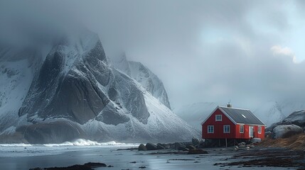 High-Detail Illustration of a Solitary Home Positioned Above Wild Coastal Terrain