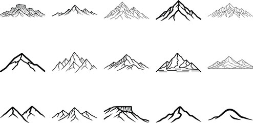 Collection of distinct line art mountain peak illustrations set.