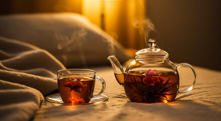 Cozy blooming tea scene on a bed