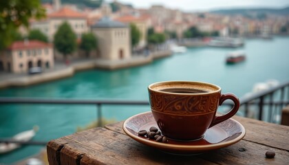 Obraz premium Brown ornate coffee cup sits on rustic wooden table at outdoor cafe balcony. Historic old town buildings line vibrant turquoise river water. Enjoying warm hot morning drink with beautiful scenic