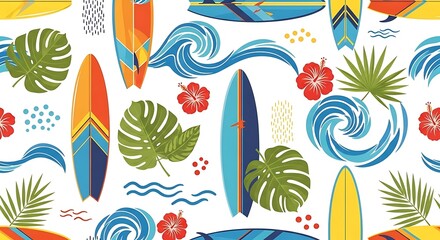 Colorful surfboard pattern with tropical elements for summer designs