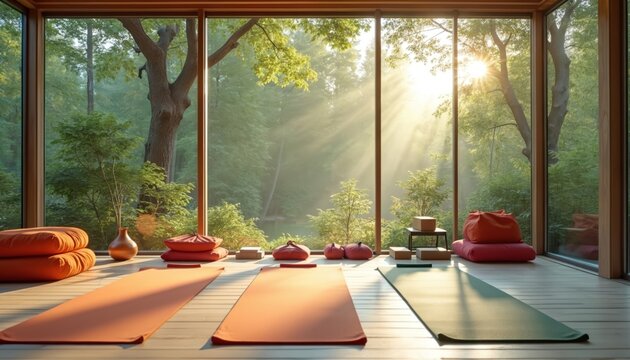 Sunlit yoga studio with large windows overlooking lush forest. Orange and green mats, bolsters, blocks are neatly arranged. Peaceful morning light streams through trees.