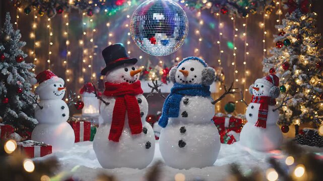 Snowmen all decked out in colorful scarves and hats, happily grooving beneath a sparkling disco ball in a beautifully decorated winter wonderland!