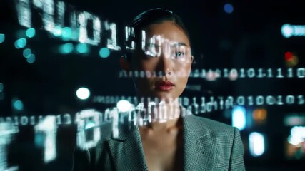 Portrait of a professional woman interacting with floating digital data streams and binary code, a concept of future technology and business - Powered by Adobe