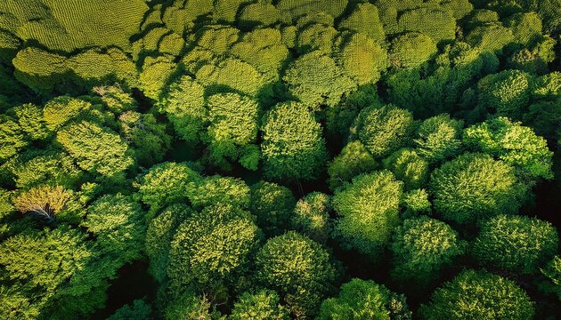 aerial view of dense green forest canopy showcasing vibrant foliage and natural textures
