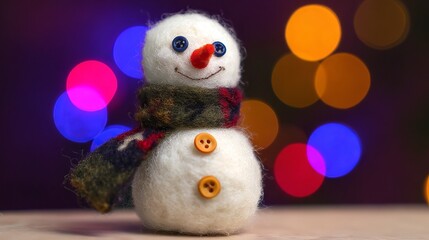 Obraz premium felt snowman with button eyes, stitched scarf, wool texture, soft warm winter lighting, handmade craft style