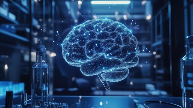 Human brain wireframe with glowing connections in modern lab