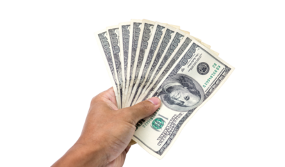 Financial Holding: A hand firmly grasps a fanned stack of United States one-hundred dollar bills, symbolizing wealth, financial stability, and monetary power.