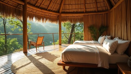 Bungalow with beds overlooks green jungle valley. Open air balcony chairs offer scenic mountain vista. Natural bamboo structure invites relaxation and eco friendly stay.
