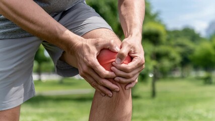 A close-up shot of a person's hands gripping their knee, with a red overlay indicating acute pain in the joint, set outdoors in a park.