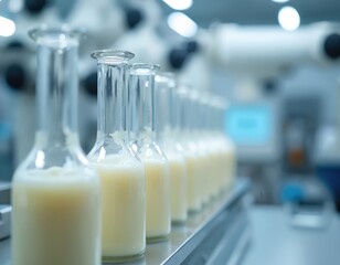 Row of glass flasks filled with creamy plant milk in modern lab. Scientists use precision fermentation to make dairy alternatives. Food tech development for vegan beverages and nourishment.
