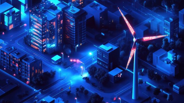 Futuristic smart city with renewable energy wind turbine
