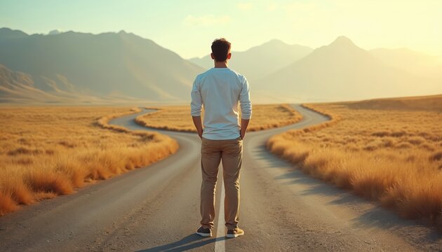 Man stands at road split in golden field below mountains. He considers diverging paths towards unknown future. This is choice for new life journey.