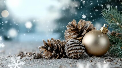 Winter festive season 2026, golden bauble, pinecones, snow, festive cheer, celebration, merry holidays, bright new year wishes, joyfulness, sparkling snowflakes, forest elements - Powered by Adobe