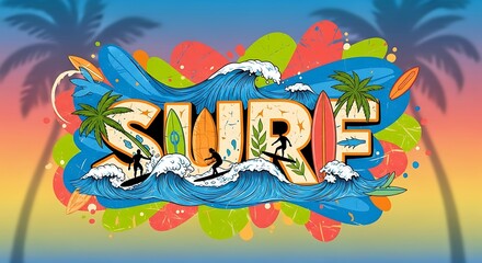 Colorful surfboard text illustration with waves and palm trees