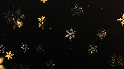 intricate gold snowflakes floating on dark black background, elegant and minimal luxury winter atmosphere