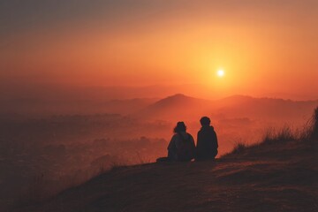 Silhouetted figures watch golden sunrise over hazy valley with distant mountains and city in warm scenic landscape