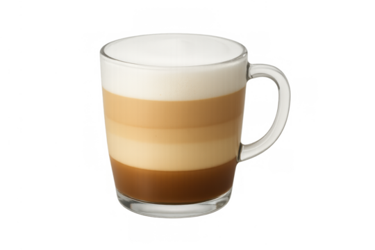 Latte macchiato in a glass mug with distinct layers of dark espresso, milk, and white foam, transparent background