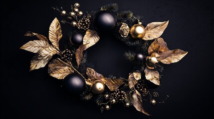 Naklejka premium luxury Christmas wreath with gold leaves and matte ornaments, black background
