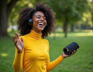 Young African American woman laughs loudly, wearing black headphones. Holds modern portable wireless speaker, enjoying great music. Lady dances freely in vibrant green public park. Happy girl finds