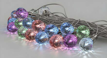 A vivid reinterpretation of ultra-luxury holiday light string featuring crystal-cut bulbs emitting neon radiance, soft diamond-like reflections, platinum wiring, transparent PNG-style isolation