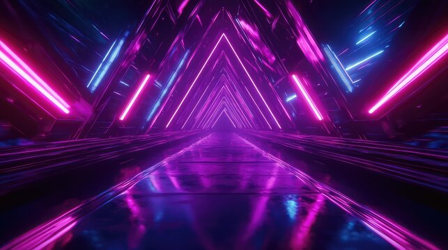 Futuristic neon light tunnel geometric triangular glowing